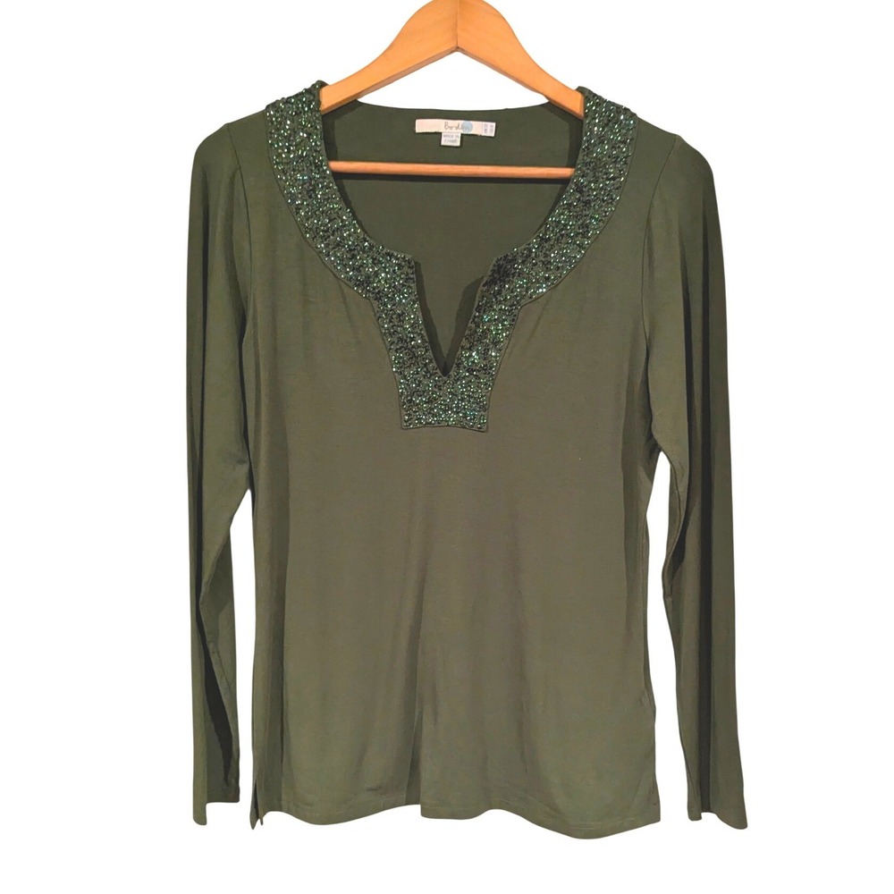 Boden Womens Olive Green Sequin Split Neck Long Sleeve Top Size US 8 UK 12 WL616